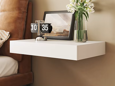 Cozy Bedroom Interior With White Floating Shelf Holding Clock Picture Frame And White Flower Vase 3d model