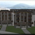 Multi Storey Residential Building With Modern Traditional Design Tile Roof Balconies Stone Facade Green Lawn