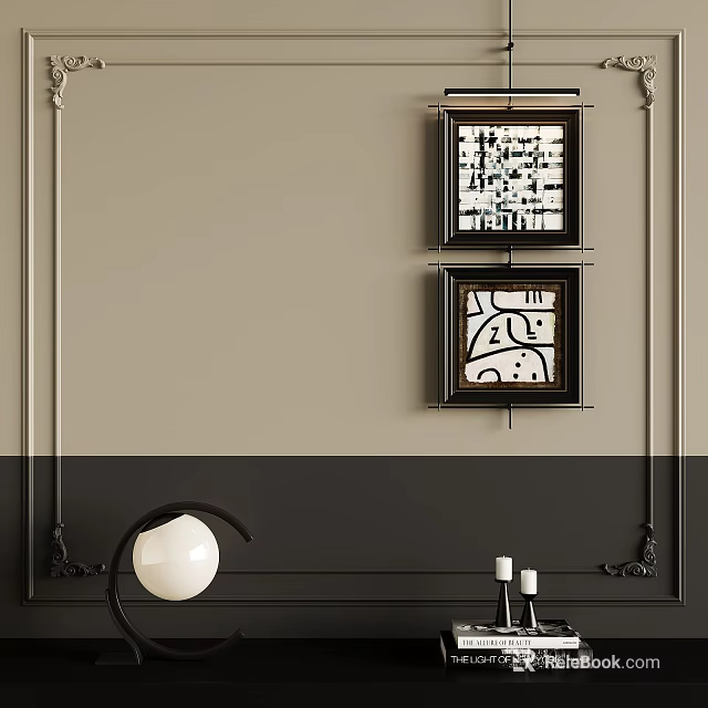 Elegant Interior Wall Decor With Geometric Art Prints Spherical Lamp And Candle Holders 3d model 