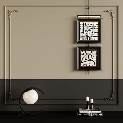 Elegant Interior Wall Decor With Geometric Art Prints Spherical Lamp And Candle Holders 3d model