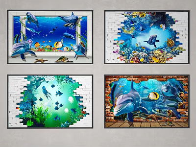 Colorful Ocean Animal Paintings With Dolphins Fish And Coral Wall Art Decor 3d model