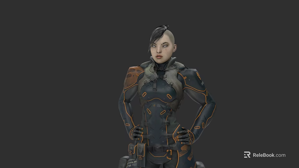 Futuristic Game Movie Character With Short Hair Tactical Armored Suit Orange Trim Confident Stance 3d model 