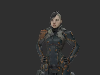 Futuristic Game Movie Character With Short Hair Tactical Armored Suit Orange Trim Confident Stance 3d model