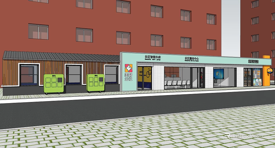 Modern Commercial Street With Colorful Storefronts Seating Areas And Green Bins 3d model 