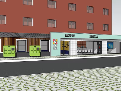 Modern Commercial Street With Colorful Storefronts Seating Areas And Green Bins 3d model