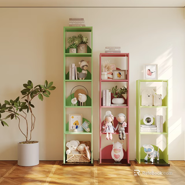 Colorful Green And Pink Shelving Units With Dolls Books Plants And Decorative Items 3d model 
