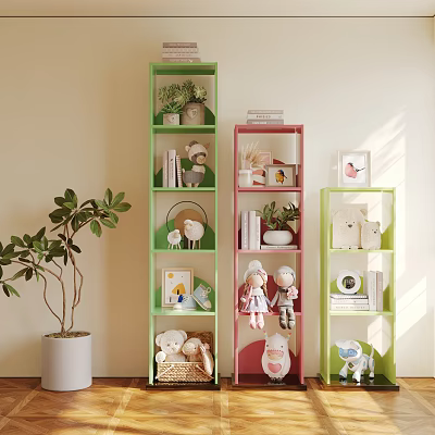 Colorful Green And Pink Shelving Units With Dolls Books Plants And Decorative Items 3d model