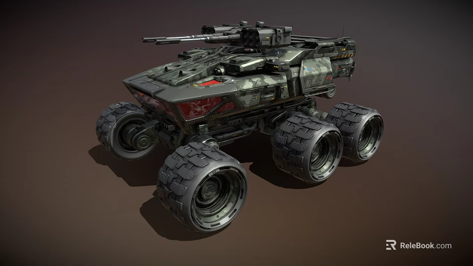 Military Utility Vehicle With Six Large Wheels Camouflage And Mounted Turret 3d model 