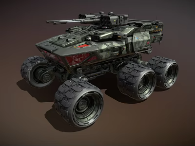 Military Utility Vehicle With Six Large Wheels Camouflage And Mounted Turret 3d model