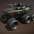 Military Utility Vehicle With Six Large Wheels Camouflage And Mounted Turret