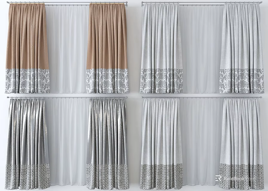 Brown Gray Curtains With Patterned Bottom Double Layer Sheer And Solid For Home Decor 3d model