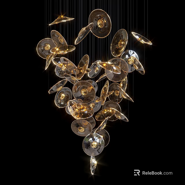 Modern Chandelier With Hanging Glass Discs And Warm Gold Lighting 3d model 