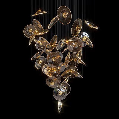 Modern Chandelier With Hanging Glass Discs And Warm Gold Lighting 3d model