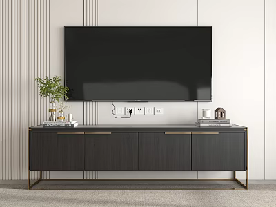 Modern Dark Wood TV Stand with Metal Legs and Decorative Items on Light Striped Wall 3d model