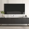 Modern Dark Wood TV Stand with Metal Legs and Decorative Items on Light Striped Wall