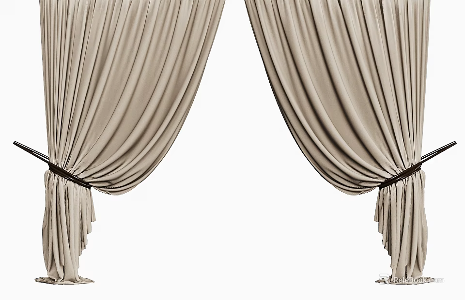 Beige Velvet Curtains With Elegant Drapery Design And Black Tiebacks For Home Windows 3d model 