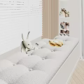 Cozy Window Seat with Soft Cushion Yellow Pillow Rabbit Plush Flower Toy and White Blinds