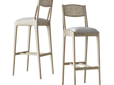 Modern High Bar Stools With Wicker Back Wooden Frame And Upholstered Seat Design 3d model