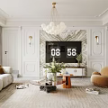 Modern Living Dining Room Interior With Cozy Sofa Chandelier Wall Art And Plants