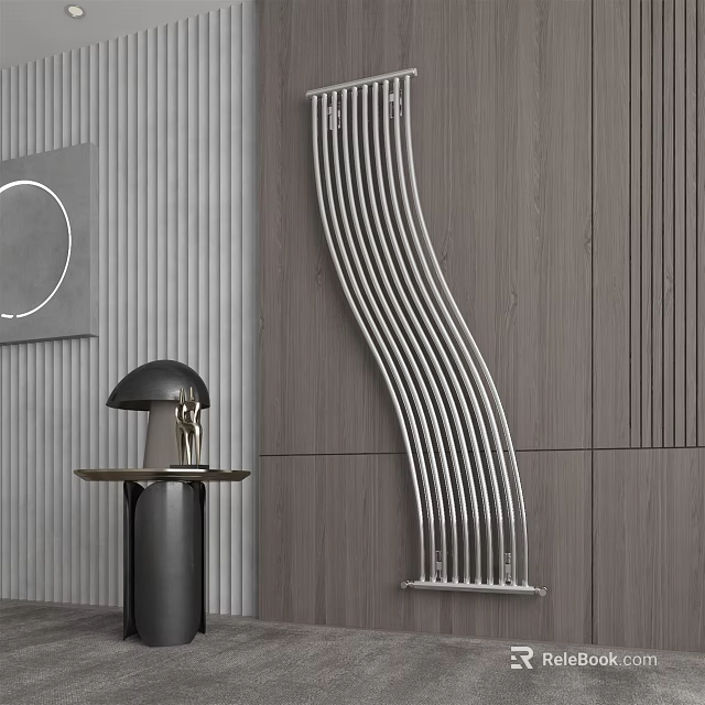 Modern Silver Curved Radiator in Contemporary Interior With Wooden Wall and Stylish Table Lamp 3d model 