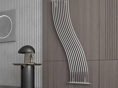 Modern Silver Curved Radiator in Contemporary Interior With Wooden Wall and Stylish Table Lamp 3d model