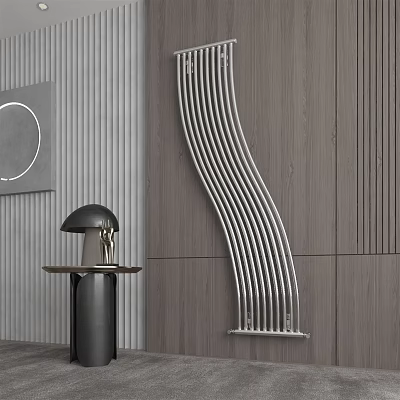Modern Silver Curved Radiator in Contemporary Interior With Wooden Wall and Stylish Table Lamp 3d model