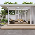 Modern Outdoor Pergola with Cozy Seating Green Plants and Wooden Deck Area