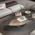 Modern Living Room Irregular Shape Coffee Table With Marble Top And Decorative Items