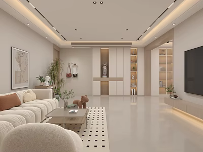 Warm Cream Modern Living And Dining Space With Cozy Sofa And Custom Storage Cabinets 3d model