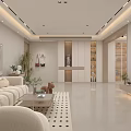 Warm Cream Modern Living And Dining Space With Cozy Sofa And Custom Storage Cabinets