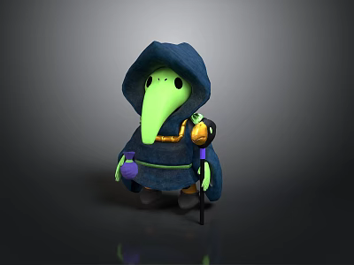 Mystical 3D Character With Blue Hooded Cloak Long Beak Mask Purple Orb And Golden Staff 3d model