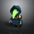Mystical 3D Character With Blue Hooded Cloak Long Beak Mask Purple Orb And Golden Staff