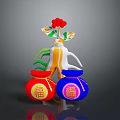 Colorful Flower Plant With Red Blossom Green Leaves And Two Jars With Fu Characters