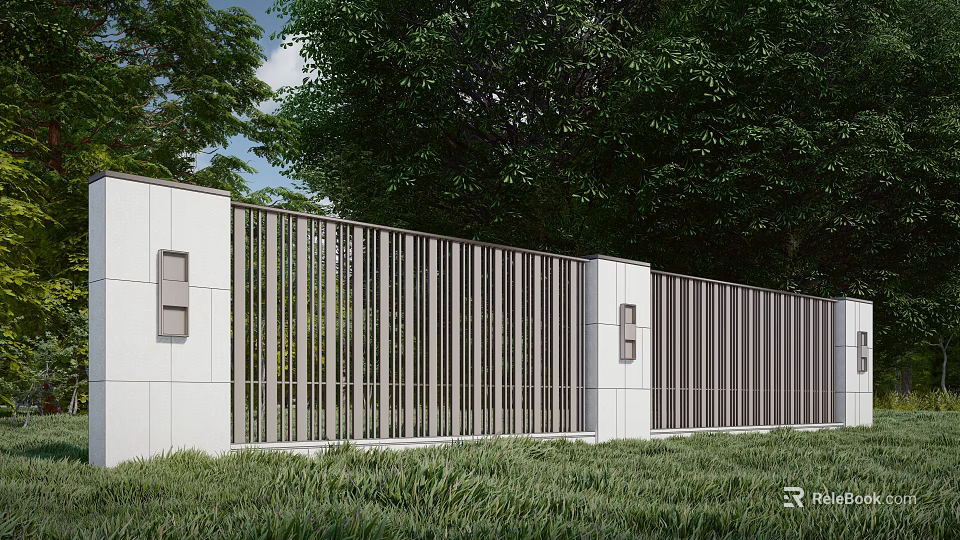 Modern Outdoor Landscape Wall with Metal Grilles White Wall Panels and Green Trees 3d model 