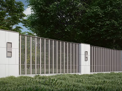Modern Outdoor Landscape Wall with Metal Grilles White Wall Panels and Green Trees 3d model