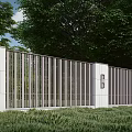 Modern Outdoor Landscape Wall with Metal Grilles White Wall Panels and Green Trees