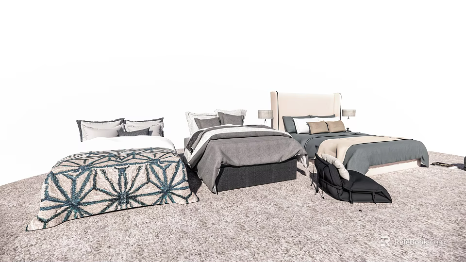 Various Double Bed Designs With Stylish Bedding And Modern Headboards 3d model