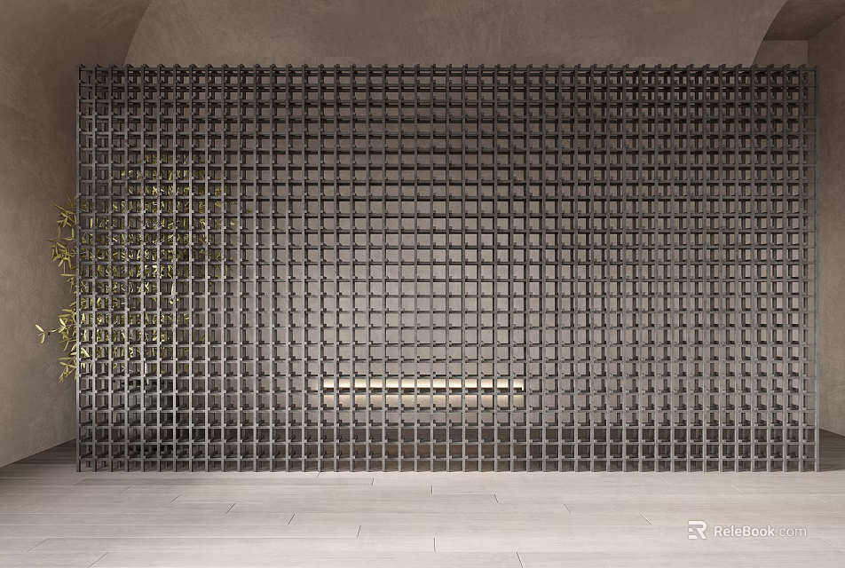 Black Grid Like Partition In Indoor Space With Gray Walls Light Colored Floor And Plant 3d model 