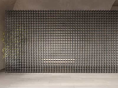 Black Grid Like Partition In Indoor Space With Gray Walls Light Colored Floor And Plant 3d model