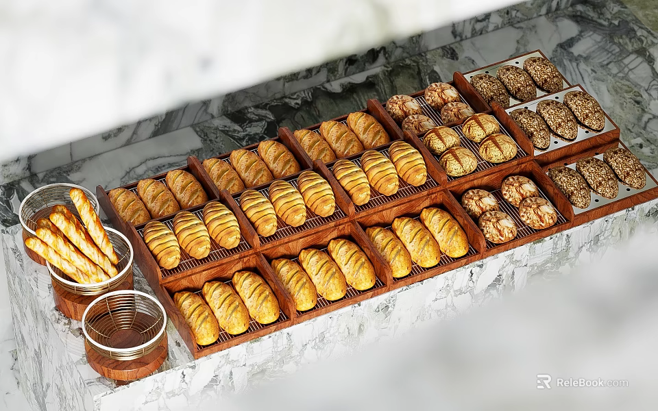 Assorted Breads and Croissants Displayed in Wooden Trays at Pastry Shop Marble Countertop 3d model 