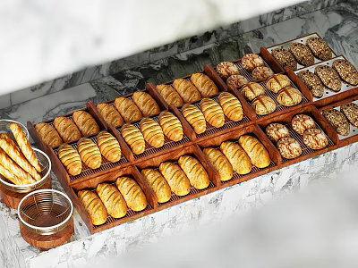 Assorted Breads and Croissants Displayed in Wooden Trays at Pastry Shop Marble Countertop 3d model