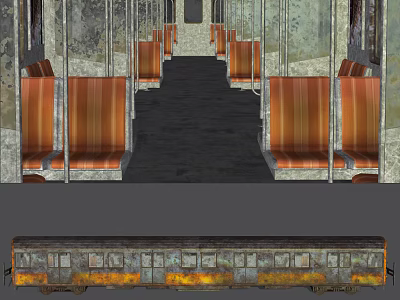 Vintage Train Interior With Orange Seats And Rusty Exterior Carriage 3d model