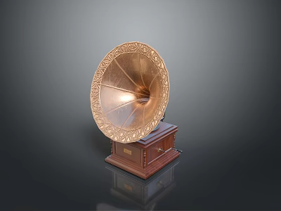 Vintage Phonograph With Ornate Brass Horn And Wooden Base Design 3d model