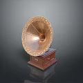 Vintage Phonograph With Ornate Brass Horn And Wooden Base Design