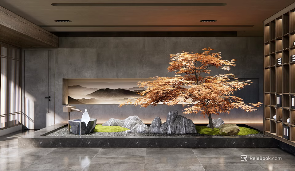 Zen Inspired Indoor Landscape With Gray Wall Orange Maple Tree And Stones 3d model