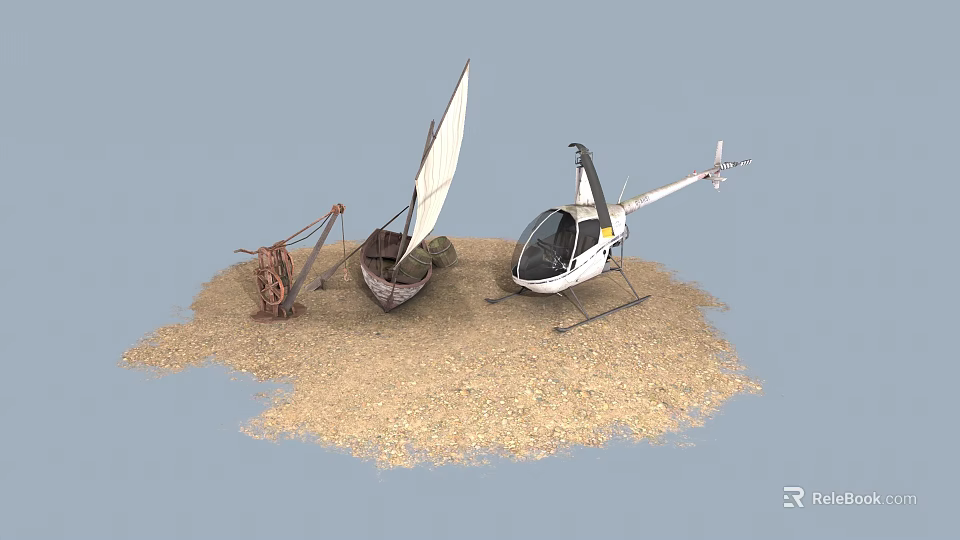 Natural Sandy Ground Scene With Small Sailboat And White Helicopter 3d model 