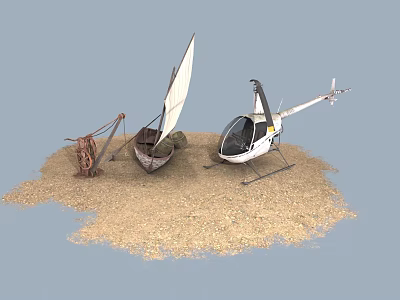 Natural Sandy Ground Scene With Small Sailboat And White Helicopter 3d model
