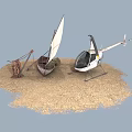 Natural Sandy Ground Scene With Small Sailboat And White Helicopter