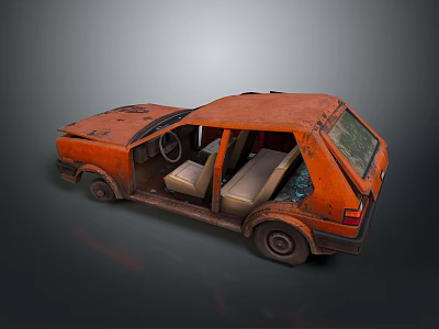 Rusty Orange Old Car With Open Doors And Worn Interior Seats 3d model