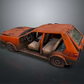 Rusty Orange Old Car With Open Doors And Worn Interior Seats